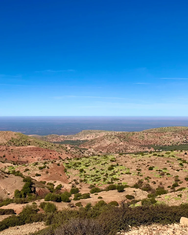 Trockene Gebirgslandschaft im Atlasgebirge mit rötlicher Erde und Arganbäumen.