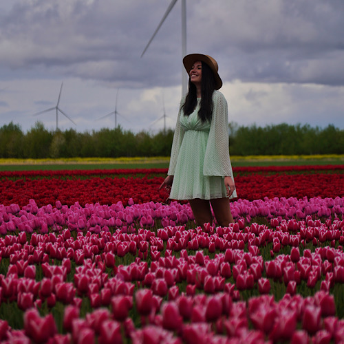 A woman standing sideways in a tulip field in Flevoland, enjoying the spring breeze among pink, white and red flowers.
