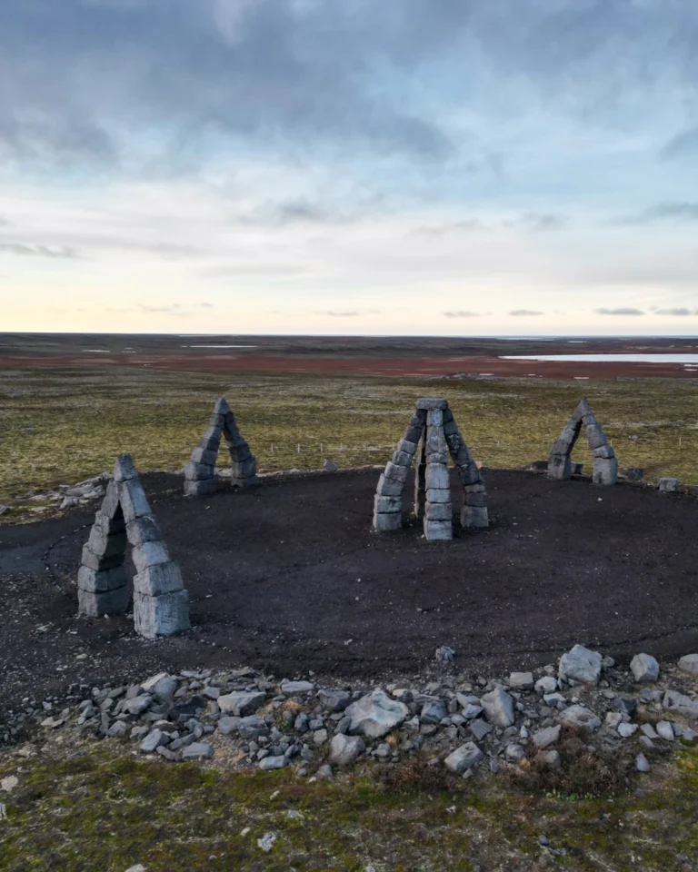 Drone view of the Arctic Henge in Raufarhöfn, Iceland, showcasing the structure from above