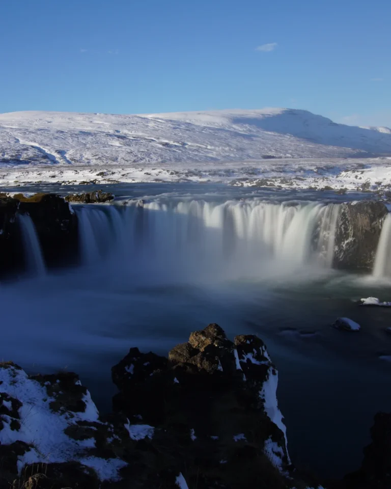 The right section of Goðafoss waterfall in Iceland, where water cascades down into the river below