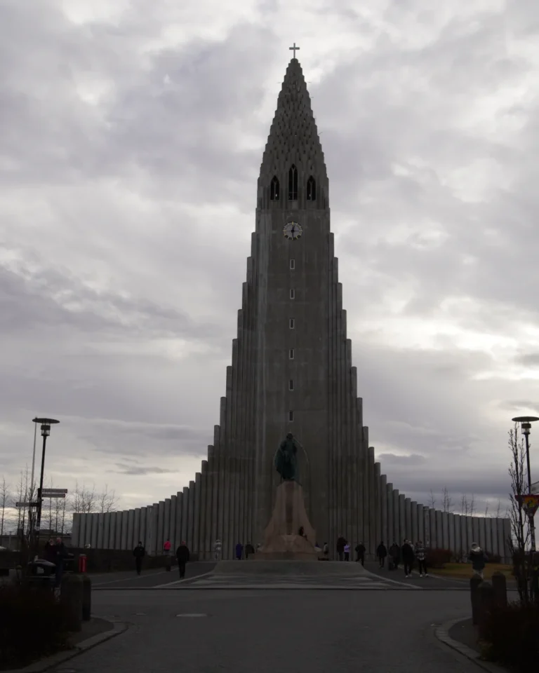 Iconic Hallgrímskirkja church in Reykjavík, Iceland, with a bright blue sky