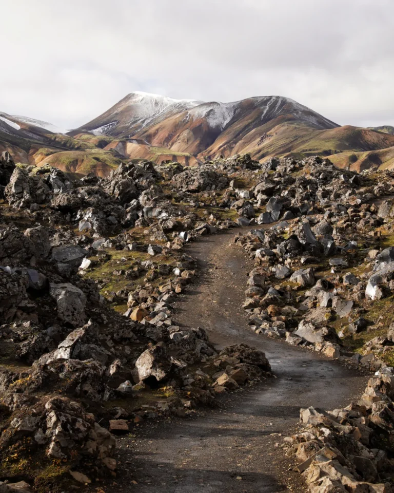 A well-maintained paved hiking trail winding through the rugged landscape of Landmannalaugar, Iceland