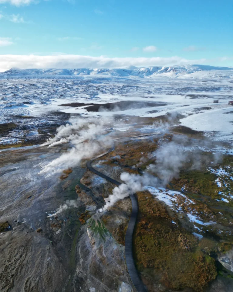 A view of Hveravellir geothermal area in Iceland, with hot springs and steam vents