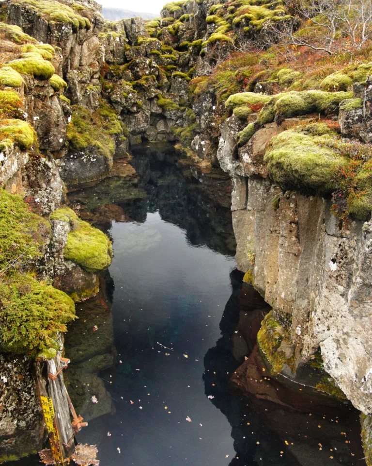 A serene water hole surrounded by rugged cliffs in Thingvellir National Park, Iceland