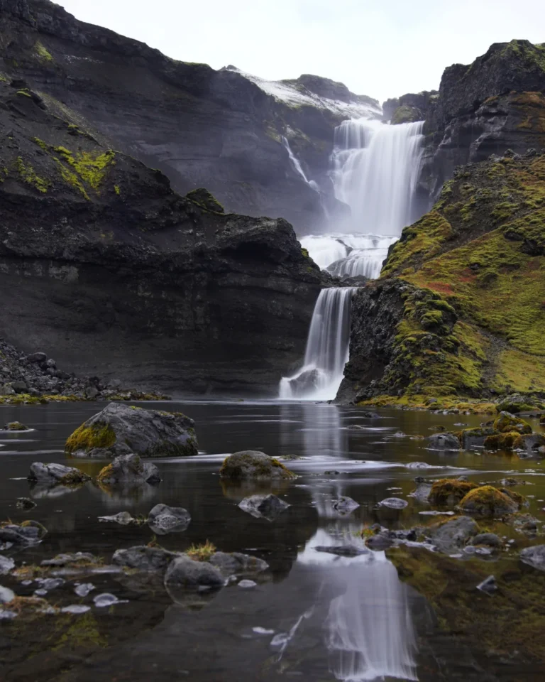 Long exposure shot of a ofærufoss with a perfect reflection in the calm water below, Iceland