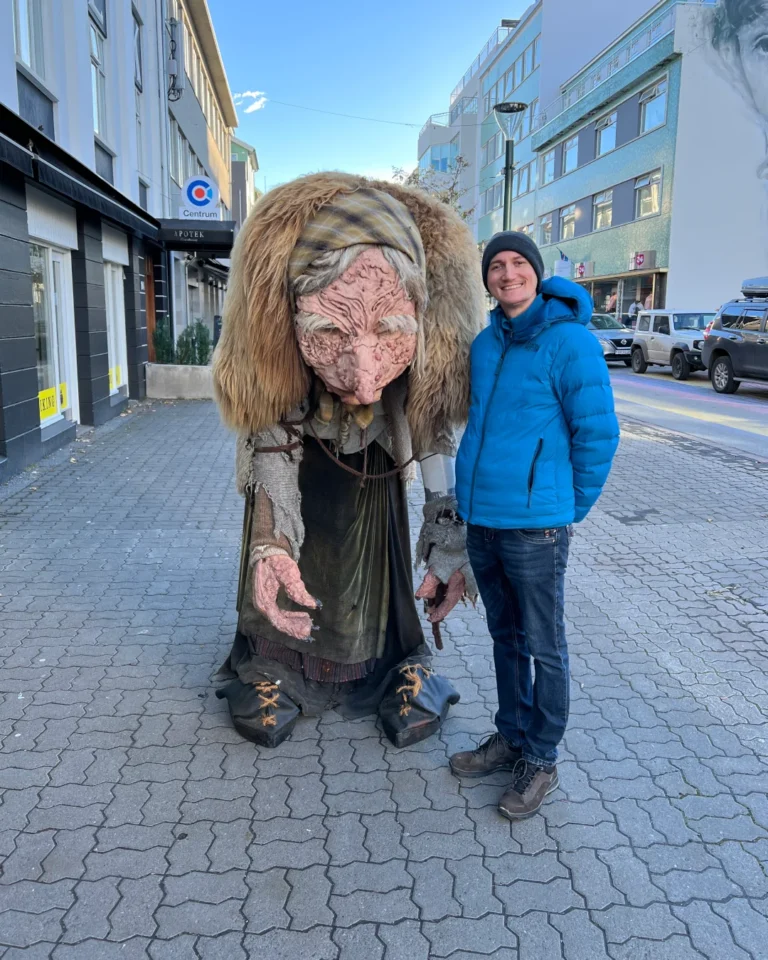 A troll statue of an old lady and myself in Akureyri, Iceland