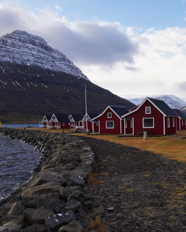 Colorful red houses in the picturesque town of Eskifjörður, Iceland