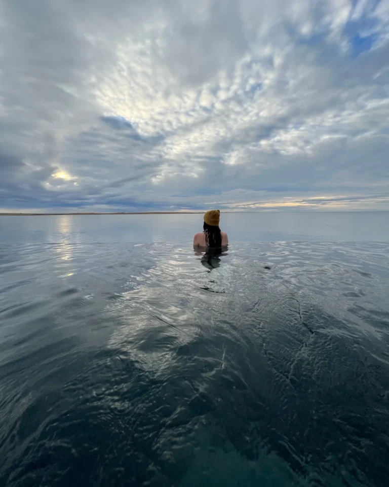 Stunning view from the infinity pool at Sky Lagoon, Reykjavík, Iceland