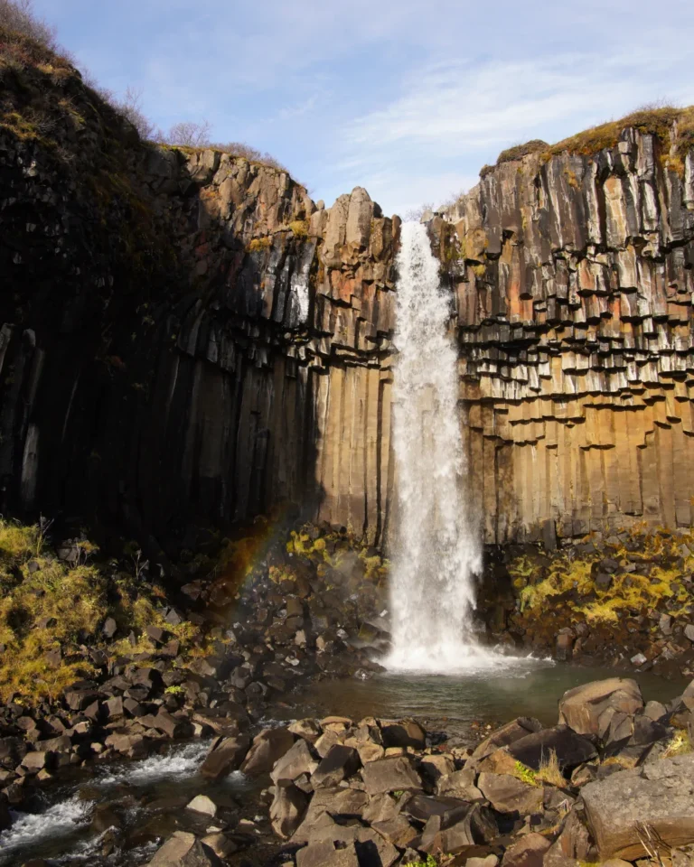 The stunning Svartifoss waterfall illuminated by the sun, surrounded by dark basalt columns, Iceland