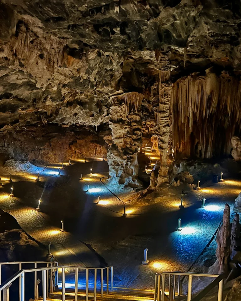 Illuminated hall in Cango Caves showing impressive stalactite formations.