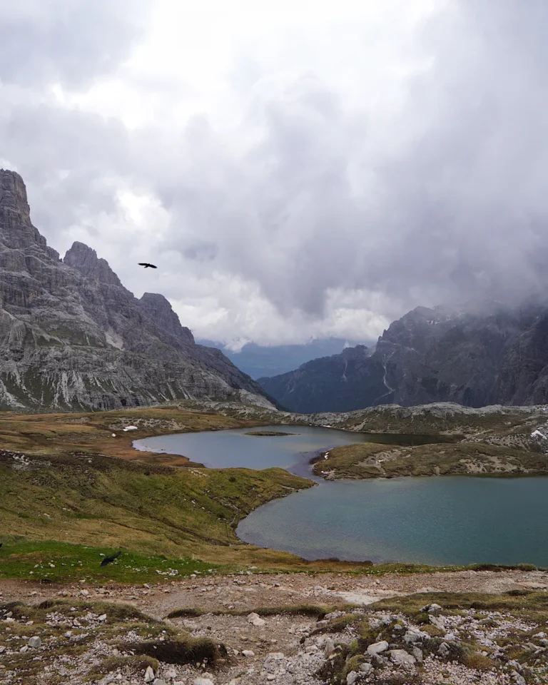 High angle view of the two turquoise Boeden Lakes (Bödenseen) in the Sexten Dolomites.