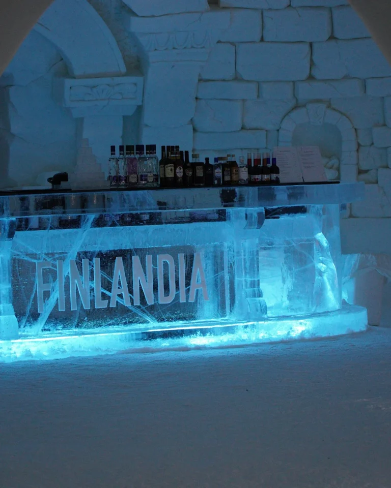 Close-up of ice glasses and an illuminated ice counter at Snow Village Finland.
