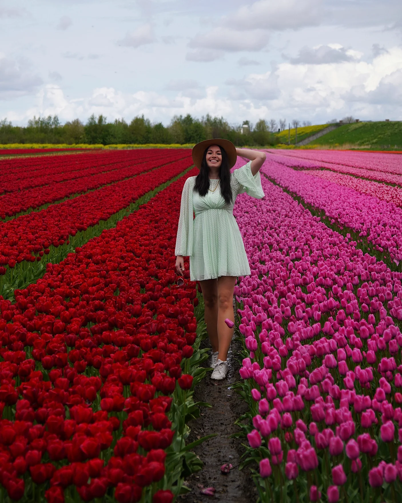 Woman in a dress standing in a field of pink and red tulips in Flevoland, Netherlands.