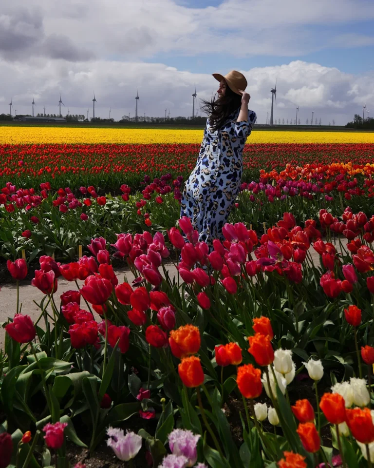 Frau mit wehendem Haar steht inmitten vieler bunter Tulpenfelder im Noordoostpolder.
