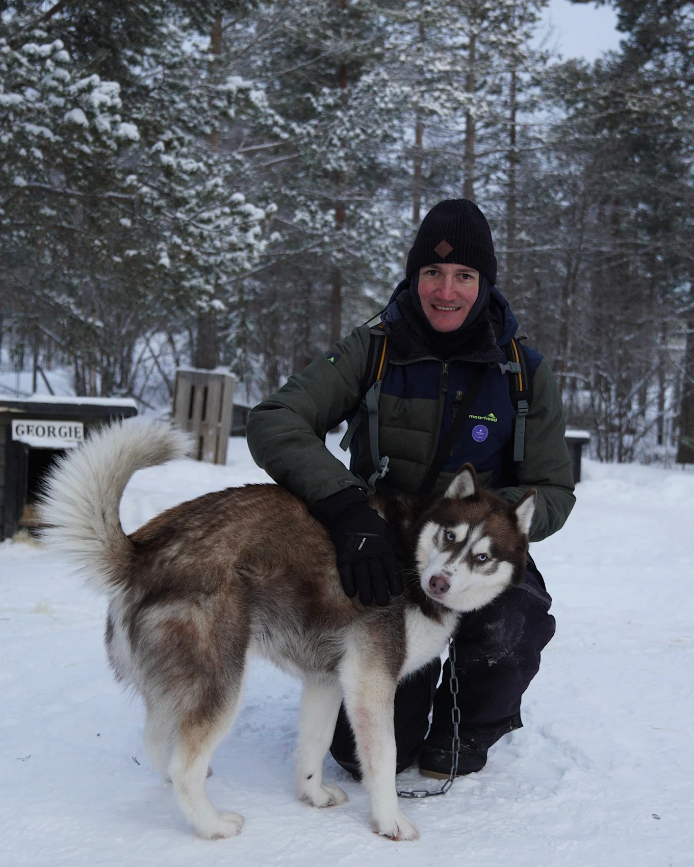 Mann streichelt einen Husky nach der Schlittenfahrt bei Hetta Huskies in Finnland.