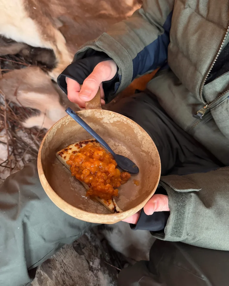Traditional Sami food at Ketola Reindeer in Lapland: Squeaky cheese with cloudberries.