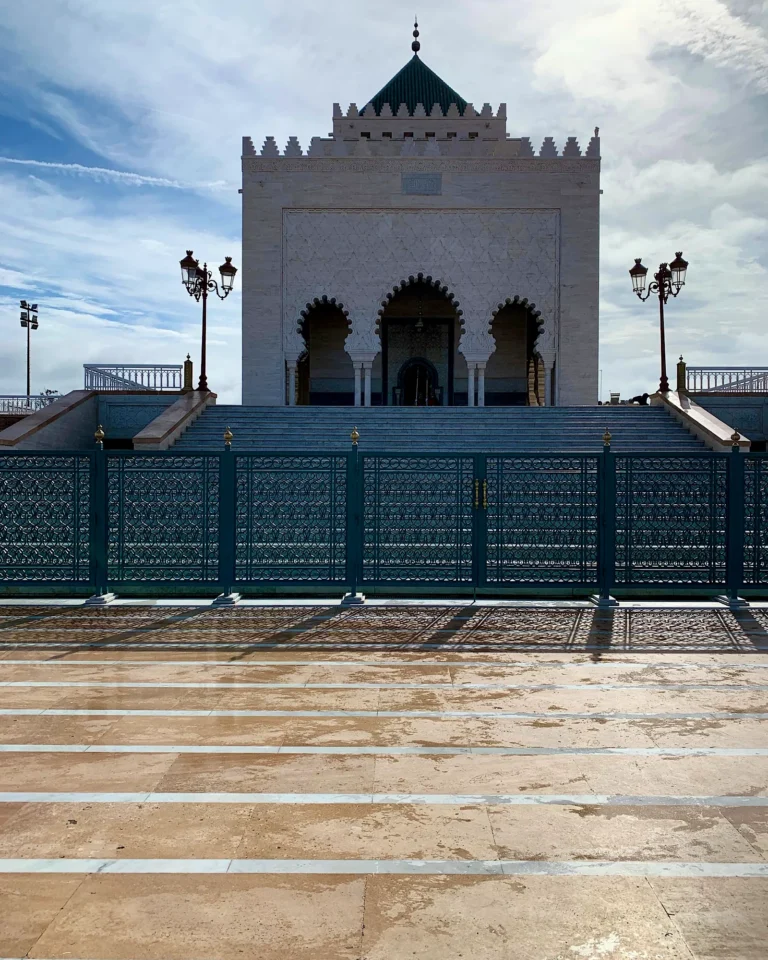 Exterior view of the Mausoleum of Mohammed V, a royal burial site in Rabat.