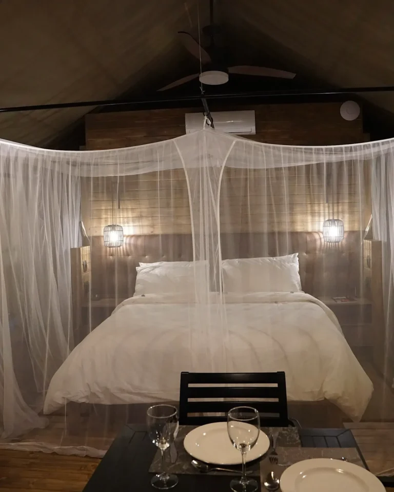 View of a luxury tent at Nkhulu Tented Camp with a mosquito net and a set dining table.