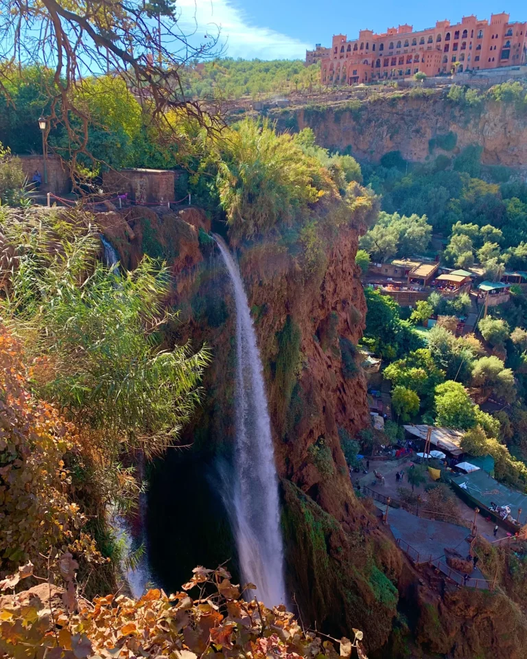 Aerial view of the Ouzoud Waterfalls in Morocco from above.