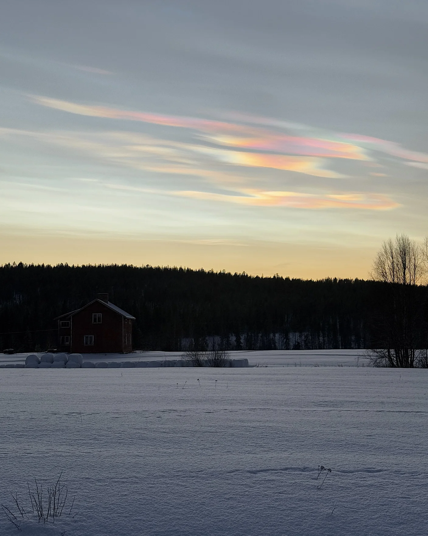 Seltene, bunt leuchtende Polare Stratosphärenwolken (Perlmuttwolken) am Himmel über einer einsamen, verschneiten Holzhütte in der Winterlandschaft von Lappland.
