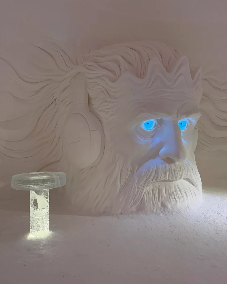 Impressive ice sculptures and architecture at Snow Village Levi in Lapland, Finland.