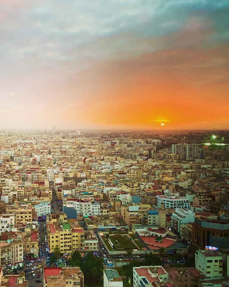 Panoramic view over Casablanca from Sky 28 during sunset.