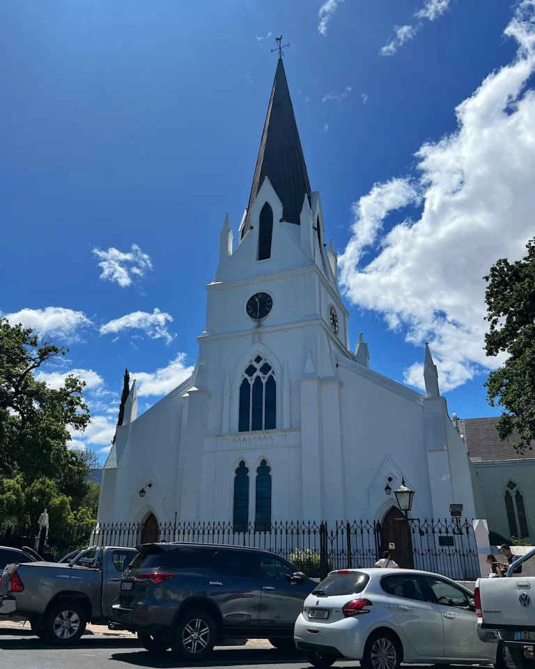 The historic white Moederkerk church in the town center of Stellenbosch.