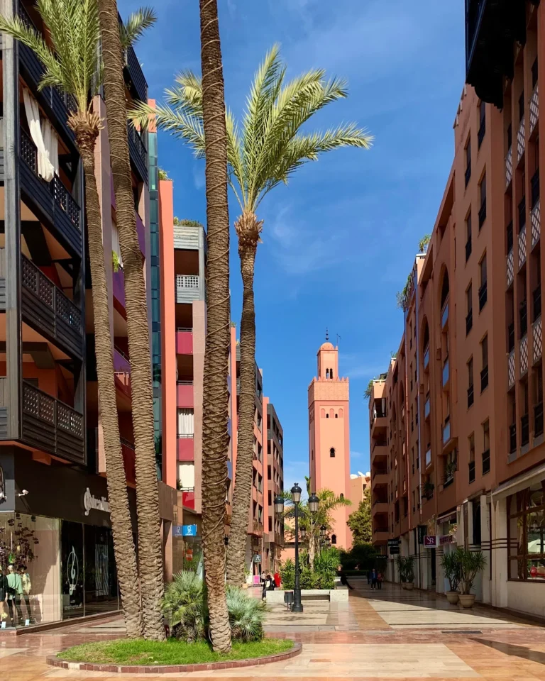 Terracotta-colored buildings in Guéliz, Marrakech.