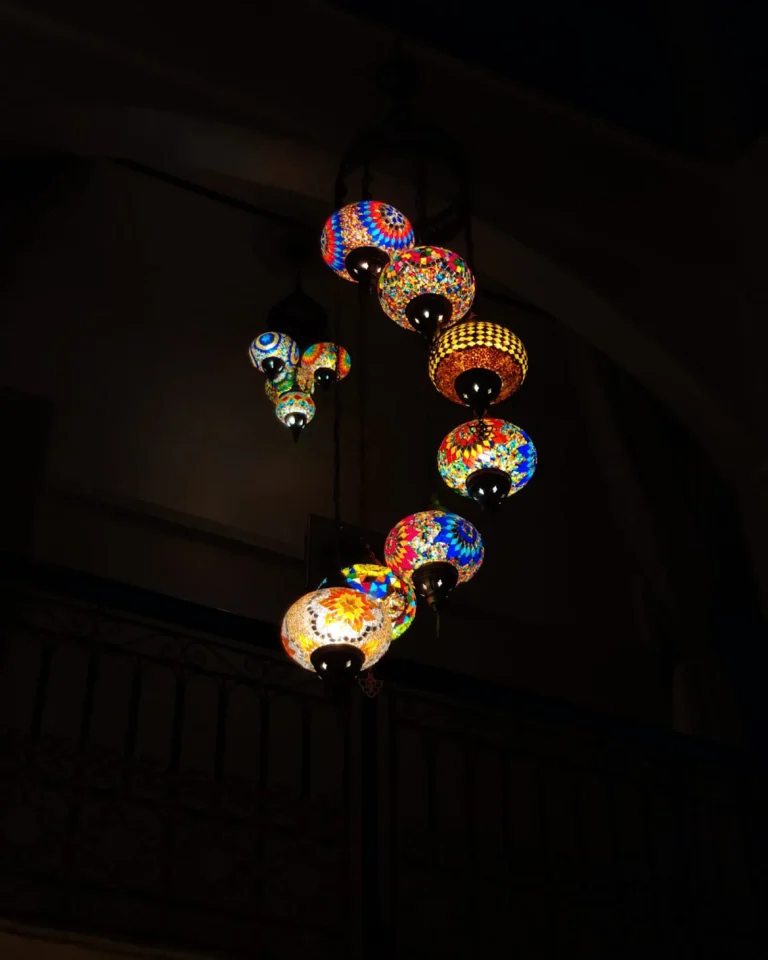 Colorful Moroccan mosaic chandelier with 8 shades.