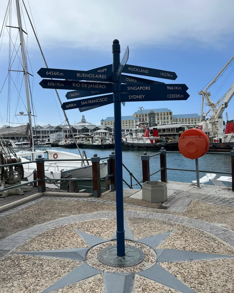 Signpost at the V&A Waterfront in Cape Town showing distances to various international cities.