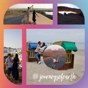 Collage of various travel photos in an Instagram grid layout to promote the travel website's social media of Journeys of Earth.