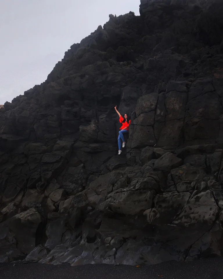 Geometric black basalt columns on the beach of Tenesar in Lanzarote.