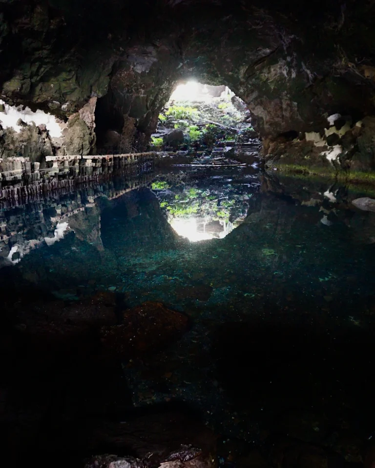 The artistically lit lava cave Jameos del Agua by César Manrique in Lanzarote.