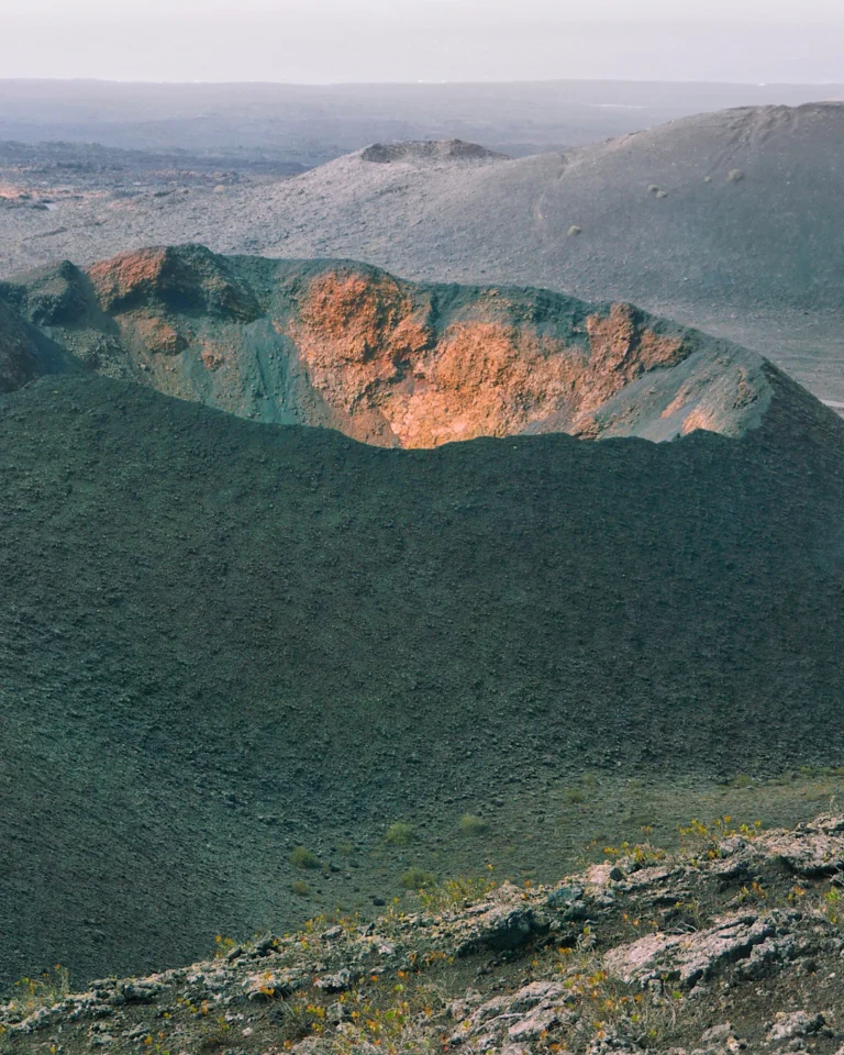 Close-up view of a volcanic crater in Timanfaya National Park on the island of Lanzarote.