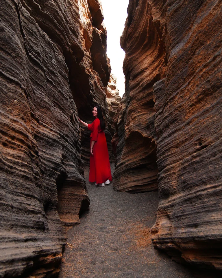 View inside the narrow rock crevices of Las Grietas canyon at Montaña Blanca, Lanzarote.