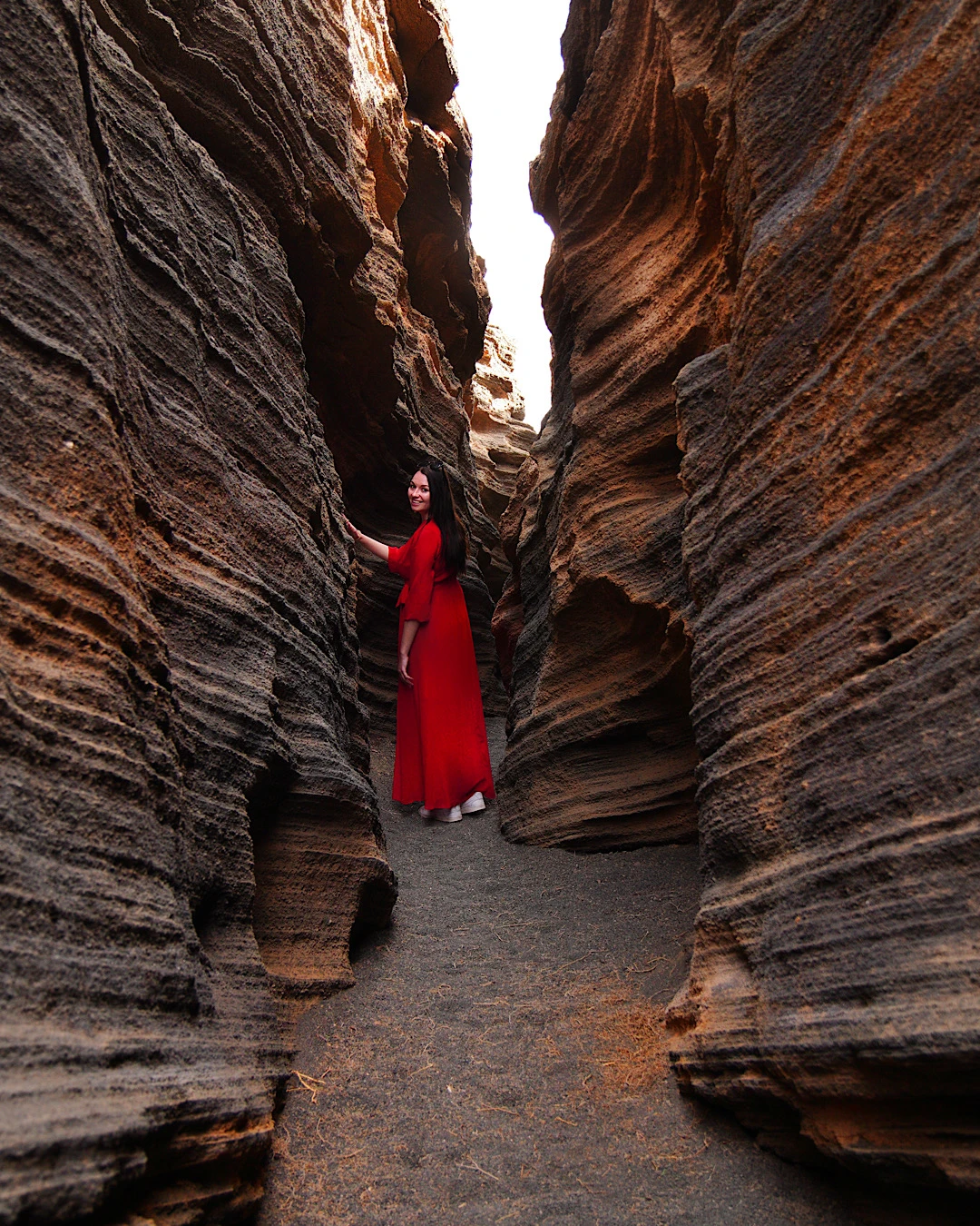 View inside the narrow rock crevices of Las Grietas canyon at Montaña Blanca, Lanzarote.